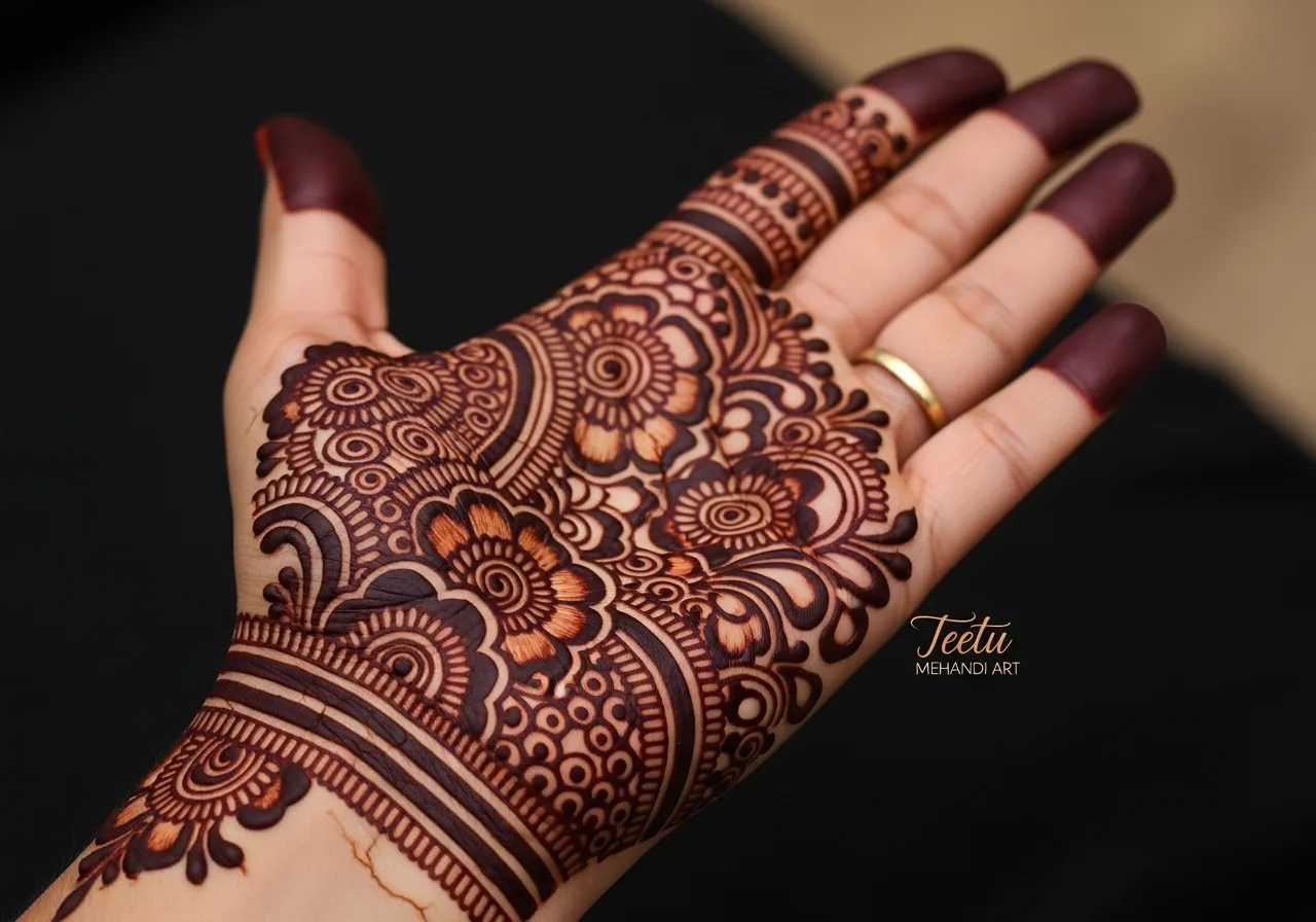 Intricate Karwa Chauth floral mehndi design on a woman's hand by Teetu Mehandi Art, the best mehndi artist in Greater Noida, featuring detailed patterns and shaded henna.