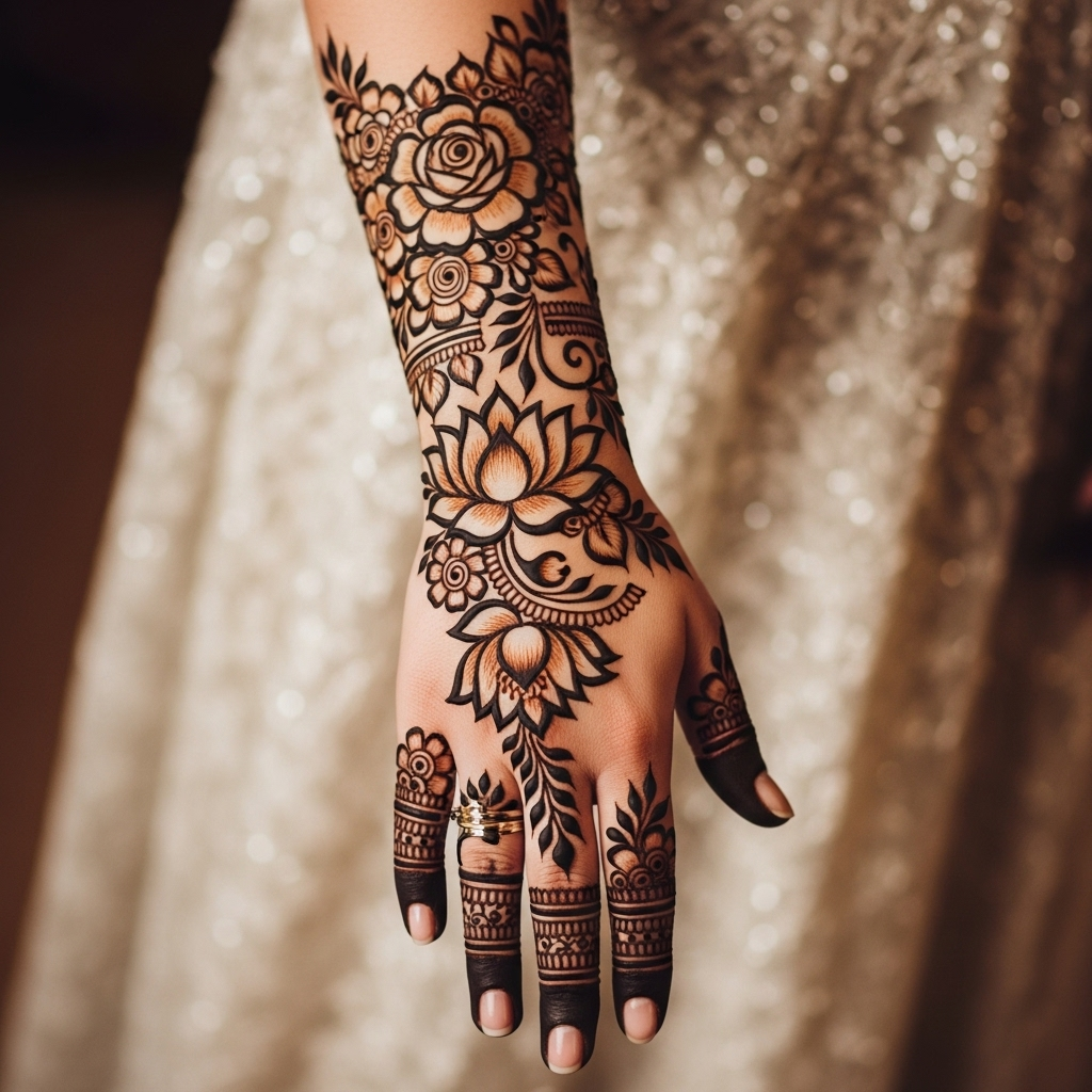 Romantic floral cascade bridal mehandi design 2025 with shaded roses and lotuses.