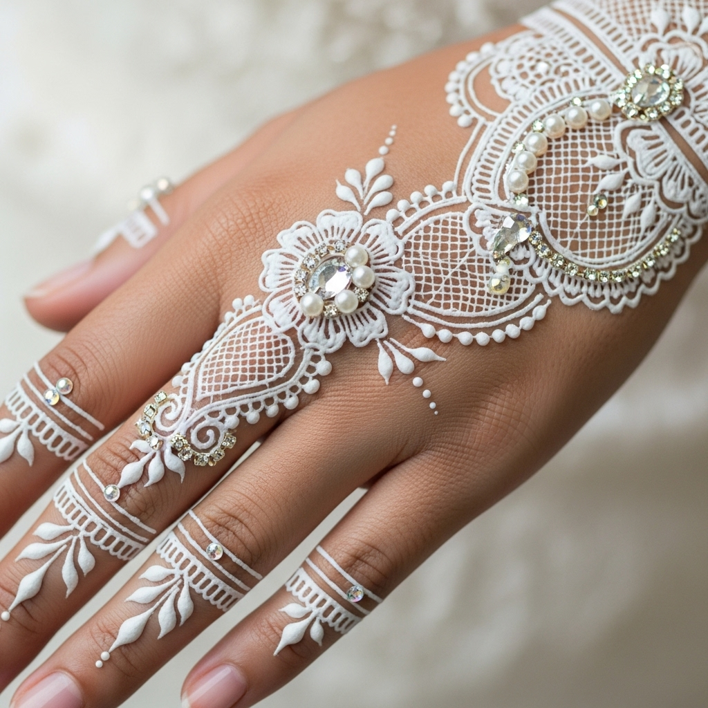 Stunning white henna and jewel fusion bridal mehandi design for a modern bride.