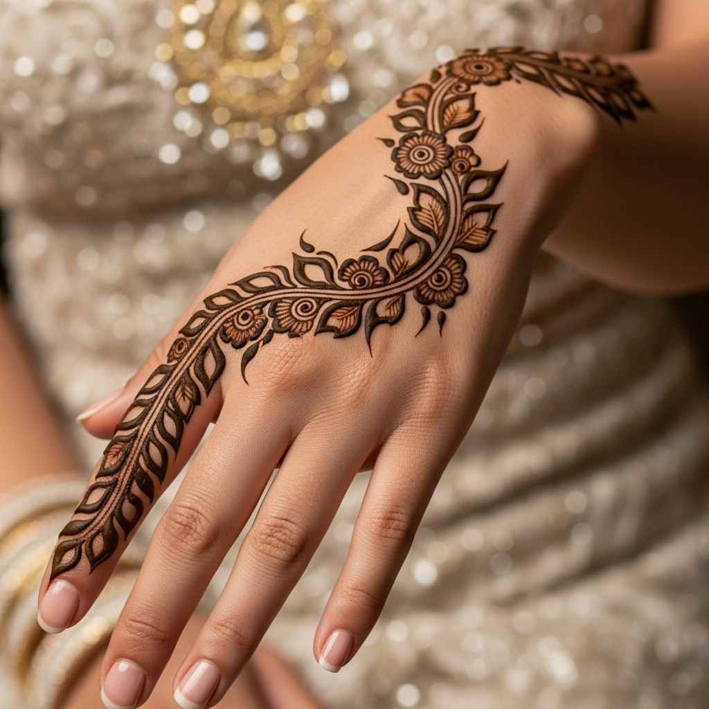 Elegant Arabic bridal mehandi vine, a popular and trendy wedding henna idea.