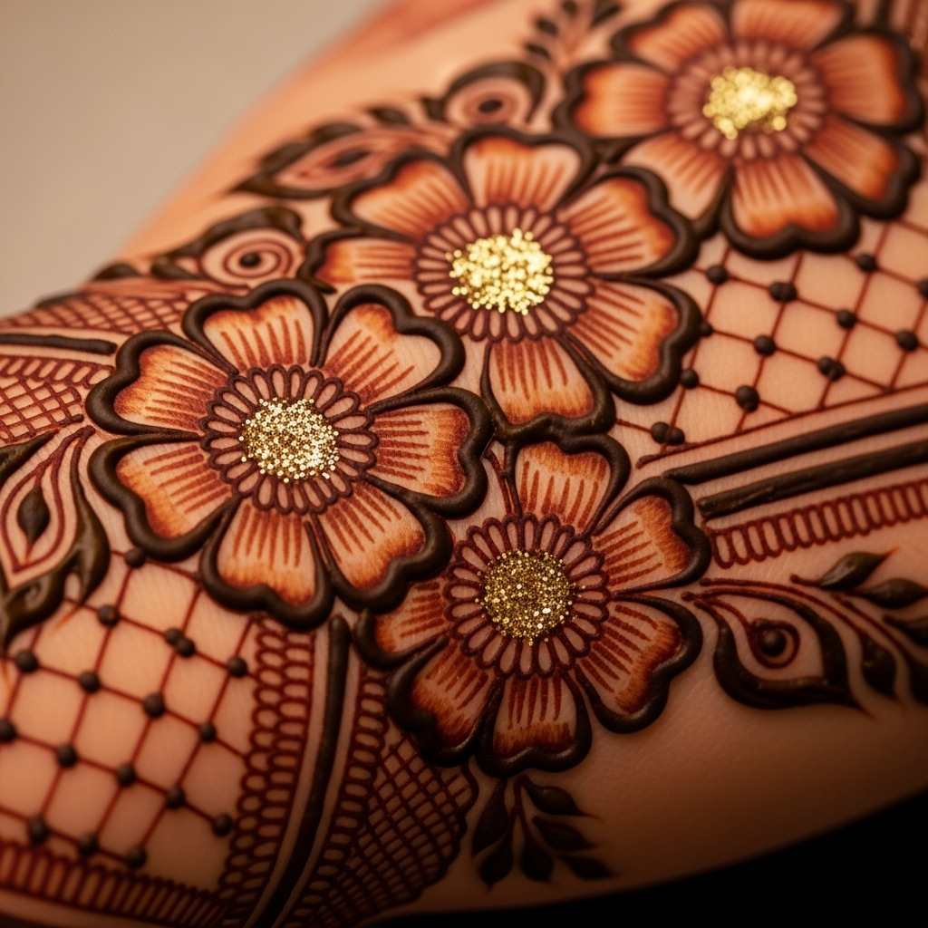 Glamorous shaded bridal henna with gold shimmer, a unique mehandi inspiration for 2025.