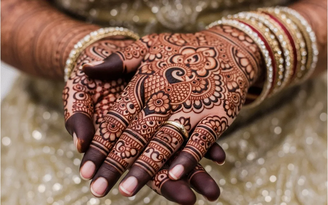 A close-up shot of a bride's hands with intricate, detailed mehndi design covering the fingers and palms, done by Teetu Mehandi Art in Pari Chowk.