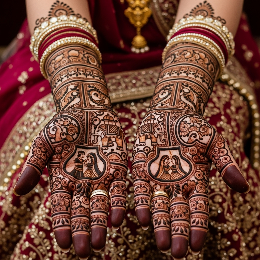 Classic full-hand Rajasthani bridal mehandi with intricate peacock and dulhan motifs.