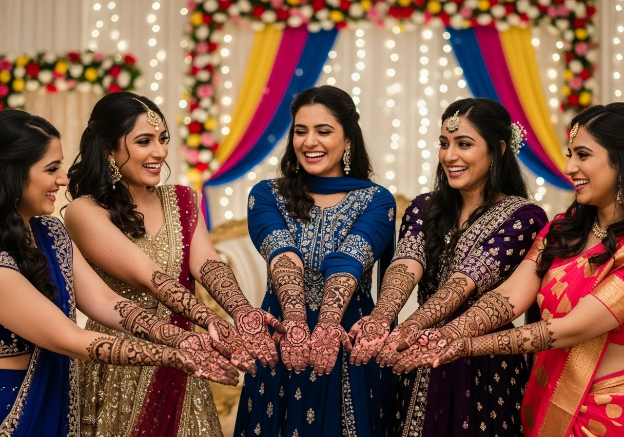 Five joyful women showcasing elaborate full-arm traditional mehndi designs by Teetu Mehandi Art at a festive event in Beta Gamma Sector, Greater Noida.