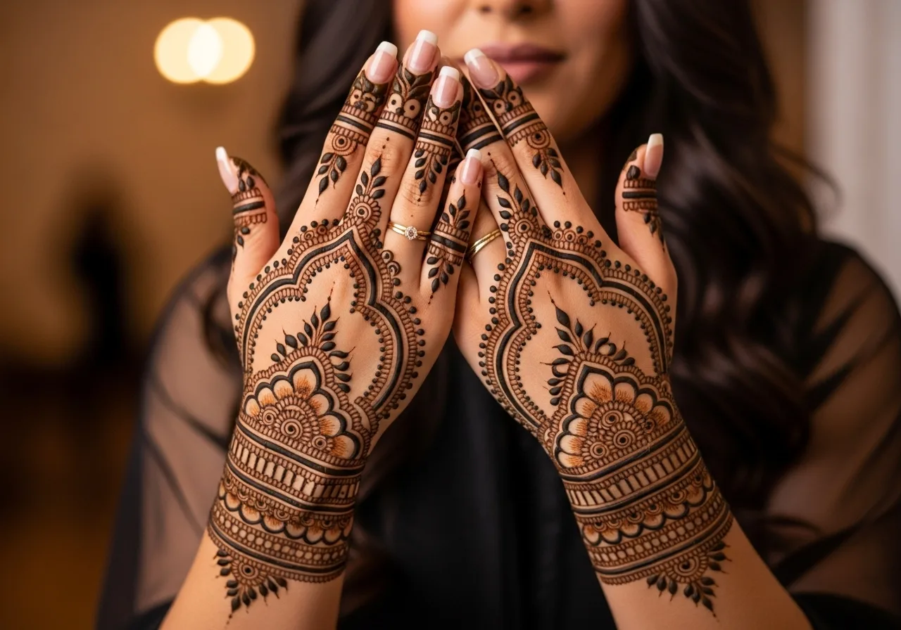 A woman displays her hands with beautiful, symmetrical mehndi art by Teetu Mehandi Art. The intricate henna design, featuring floral and paisley motifs, covers her palms, fingers, and wrists. This showcases the work of a skilled mehndi artist in Knowledge Park, Greater Noida.