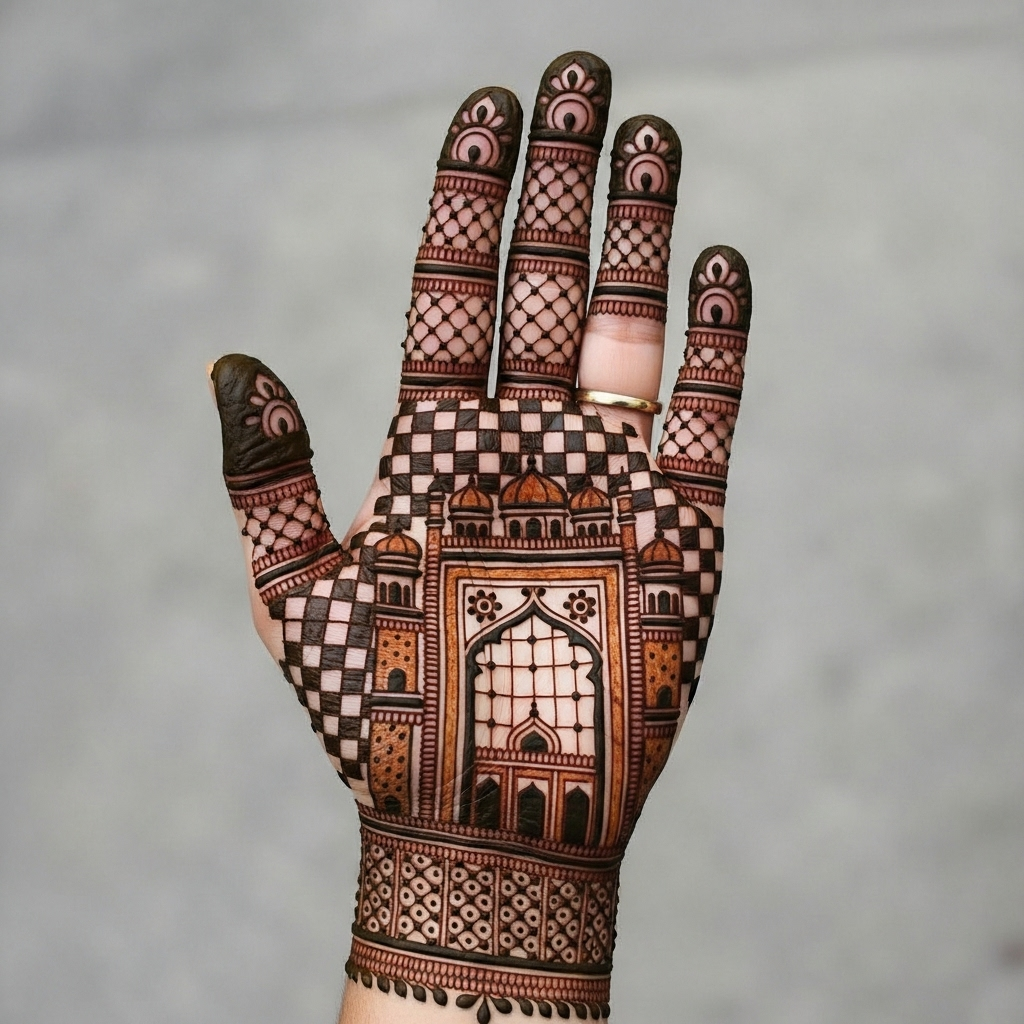 Architectural grandeur bridal mehandi with jaali work, an intricate full-hand design.