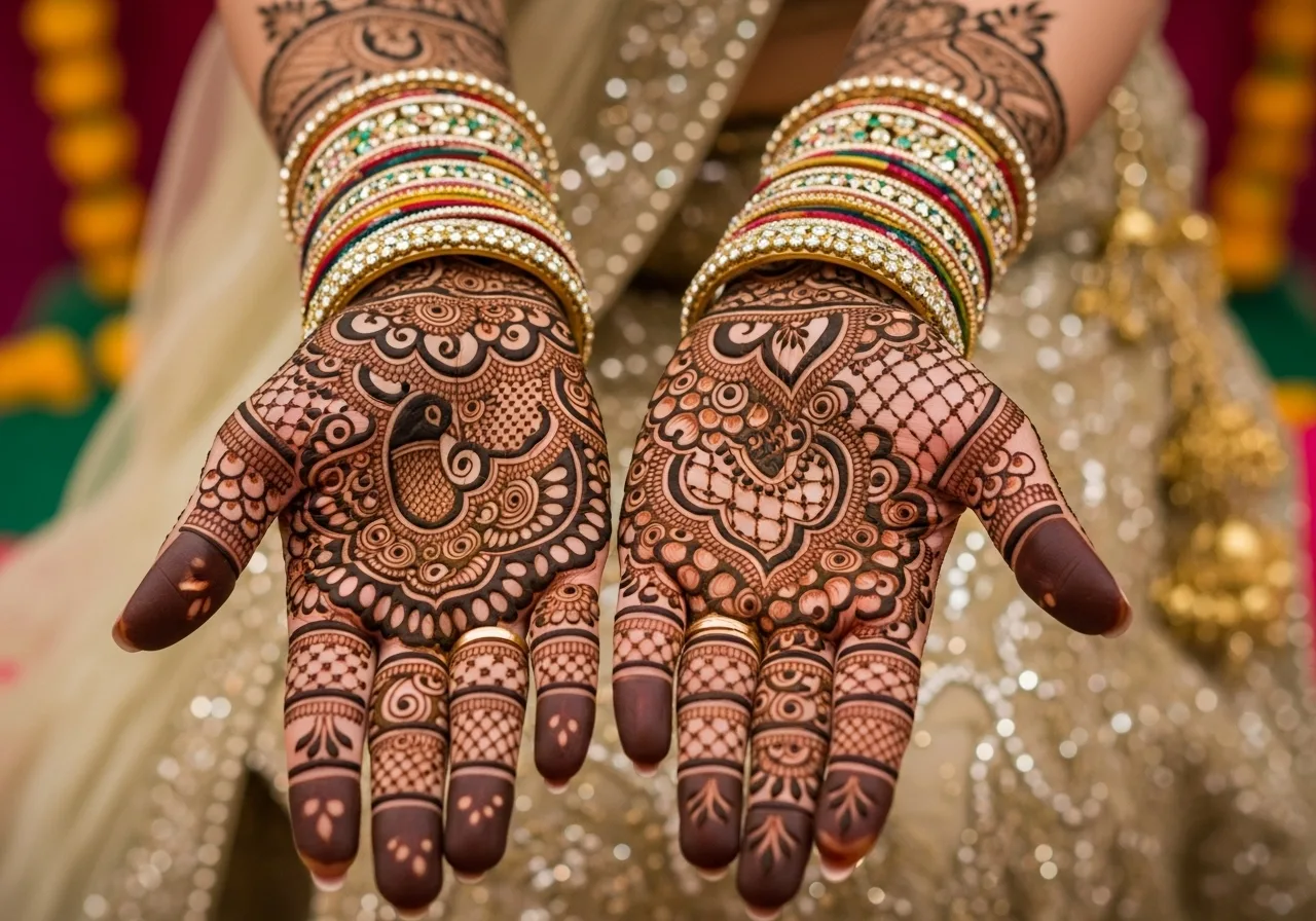 Indian bride's hands adorned with intricate mehndi art by Teetu Mehandi Art, featuring traditional peacock and floral designs, bangles, and rings. Jagat Farm, Greater Noida's best mehndi artist.