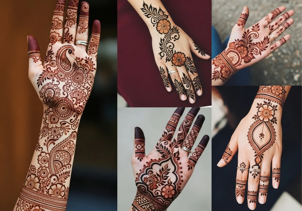 A collage showcasing various beautiful Karwa Chauth mehndi designs by Teetu Mehandi Art, the best mehndi artist in Greater Noida, featuring intricate traditional and modern patterns.