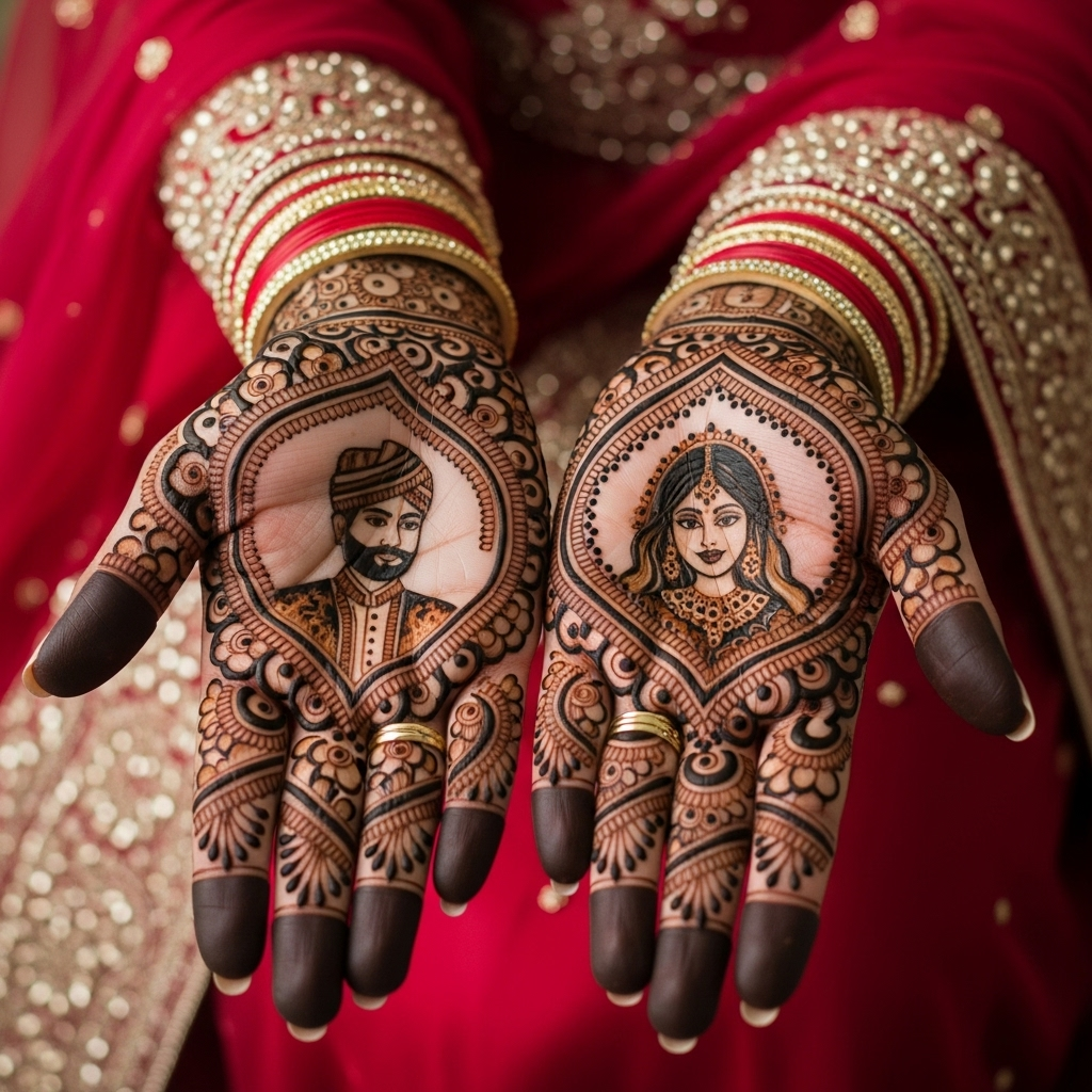 Personalized love story bridal mehandi design 2025 with intricate bride and groom portraits.