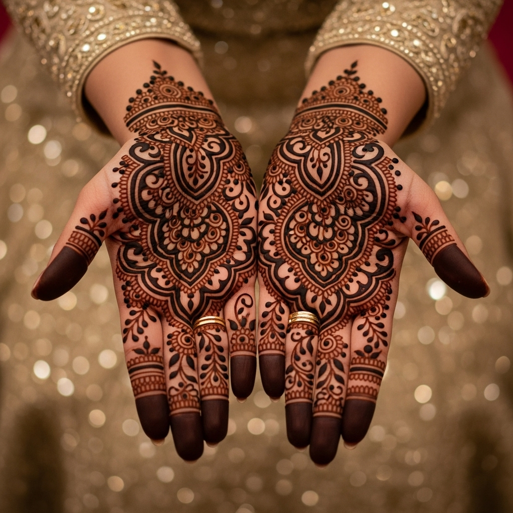 Intricate bridal mehandi with a symmetrical glove effect, a top design for 2025.