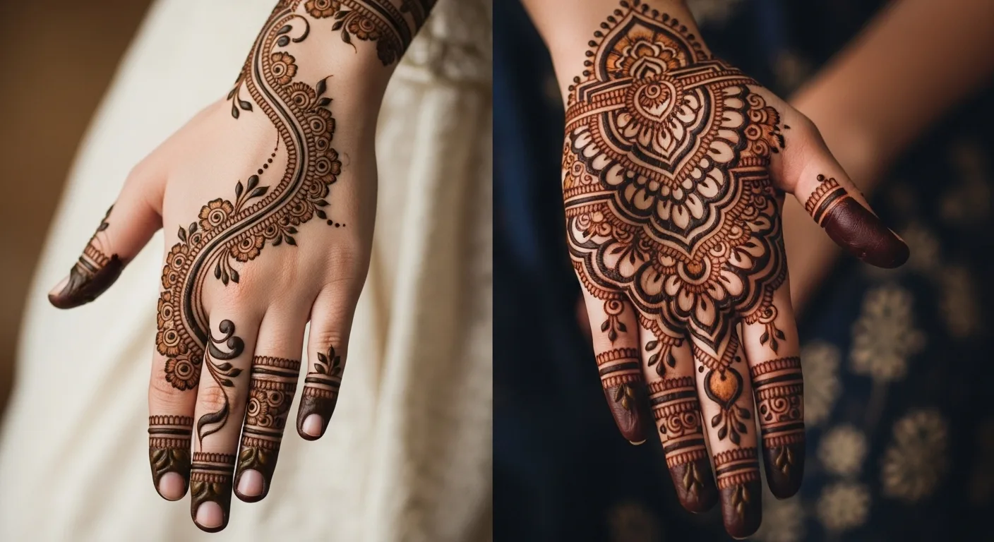 A side-by-side comparison of two intricate mehandi designs by Teetu Mehandi Art. The left hand showcases a beautiful Arabic floral vine pattern on the back, and the right hand features a dense, traditional henna design on the palm. Both styles highlight the detailed work available in Greater Noida.
