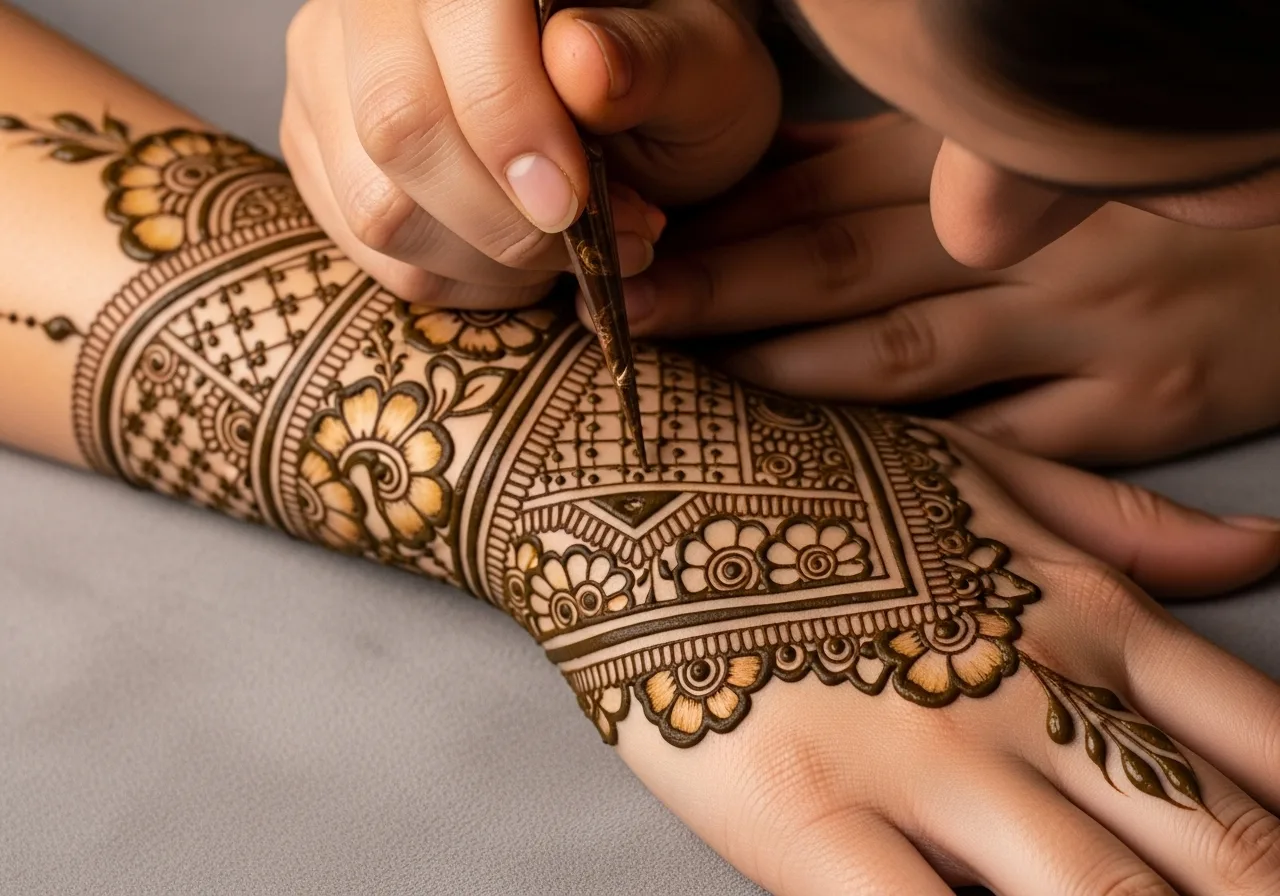 Henna artist applying bold Arabic mehndi design on hand with natural henna