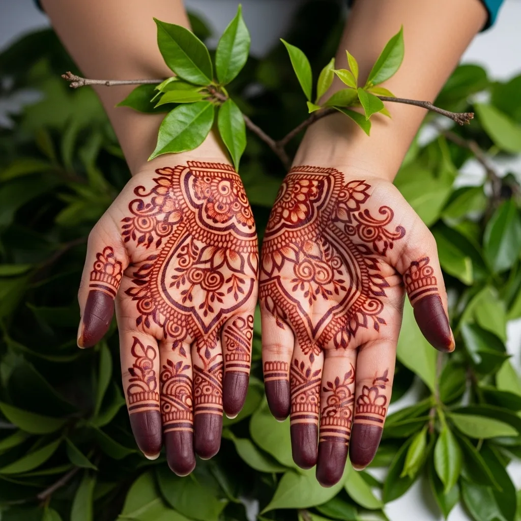 A woman's hands showcasing a beautiful, intricate henna design with a rich, dark brown stain by Teetu Mehandi Art. This highlights the deep color achieved with their 100% natural and organic henna, perfect for clients in Jagat Farm, Greater Noida.