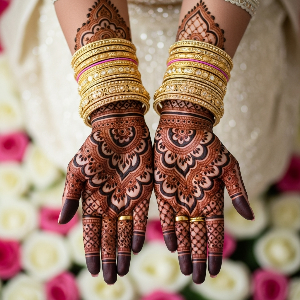Symmetrical mandala magic mehandi for a bride, a top 2025 wedding henna idea.
