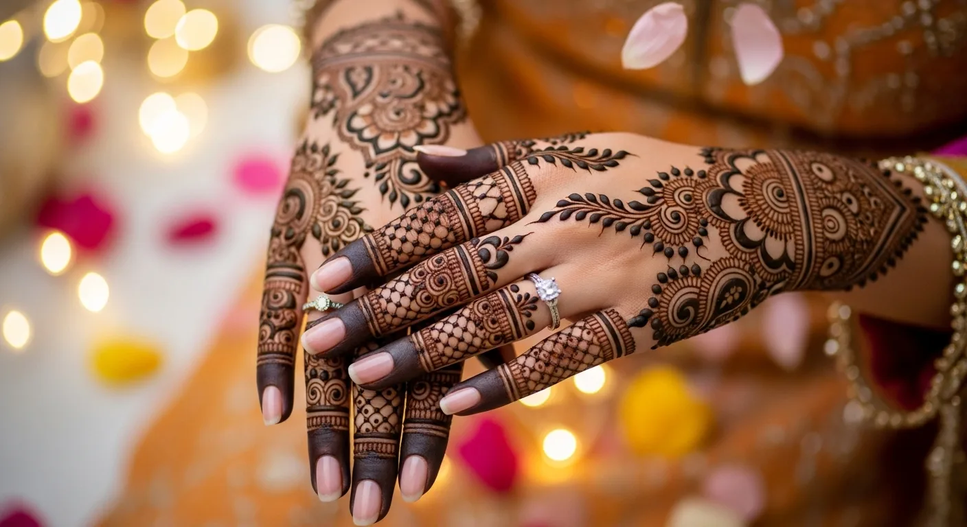 A close-up of a woman's hands with intricate, dark-stained floral and paisley engagement mehndi designs by Teetu Mehandi Art, a professional artist based in Jagat Farm, Greater Noida.