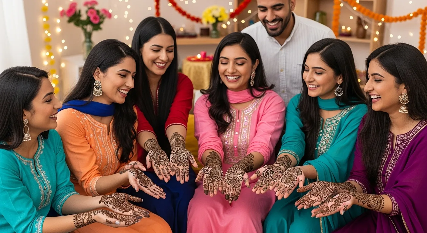 A joyful group of Indian women and a man in a festive setting, showcasing intricate Karva Chauth mehndi designs on their hands by Teetu Mehandi Art, the premier henna artist in Jagat Farm, Greater Noida.