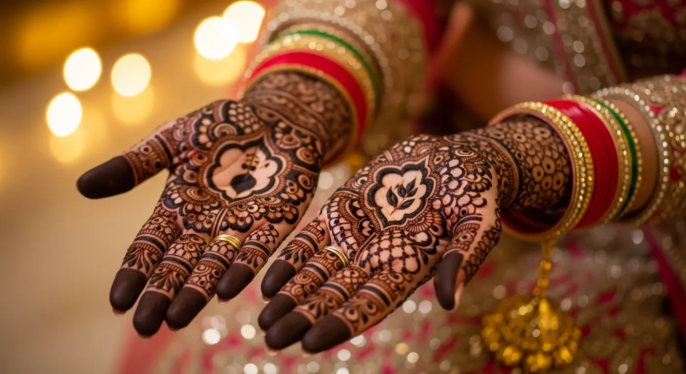 Intricate bridal mehandi design by Teetu Mehandi Art in Greater Noida, featuring detailed floral and traditional patterns on the hands of a bride adorned with colorful bangles.