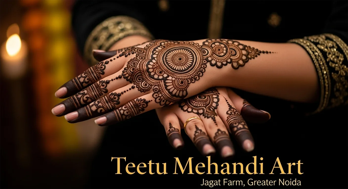 An intricate, dark-stained mandala and floral Mehandi design by Teetu Mehandi Art, a professional artist in Jagat Farm, Greater Noida, specializing in customized bridal and party henna.