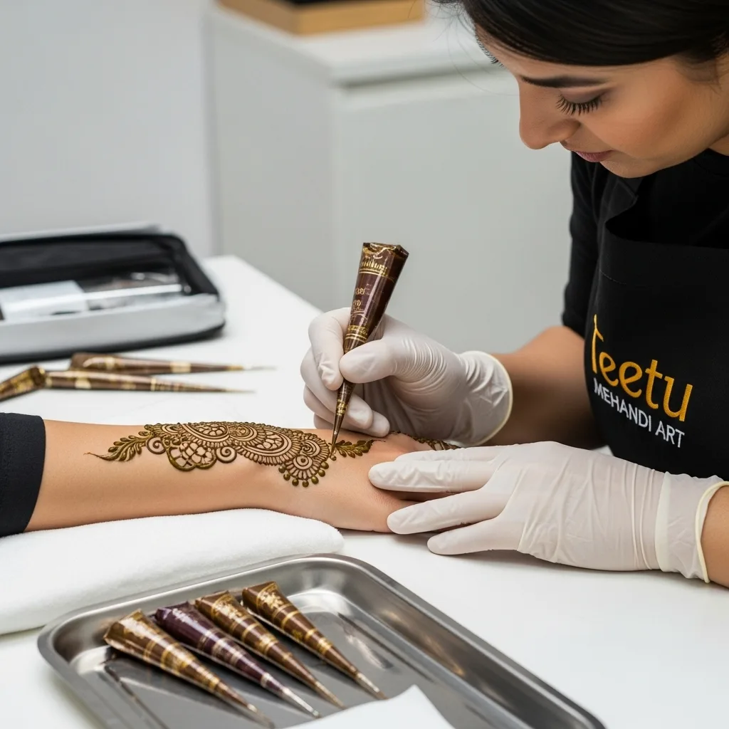 A professional artist from Teetu Mehandi Art in Greater Noida meticulously applying a detailed and intricate henna design onto a client's forearm, showcasing the studio's focus on impeccable hygiene with the use of white gloves.