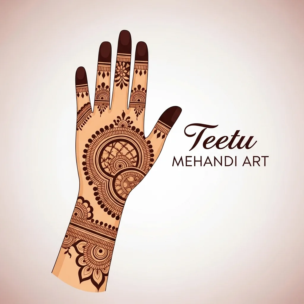 An elegant illustration of a hand with intricate, artistic mehndi (henna) design, created for Teetu Mehandi Art in Jagat Farm, Greater Noida. The design features a central mandala, detailed floral patterns on the fingers and wrist, showcasing a masterpiece of traditional body art.