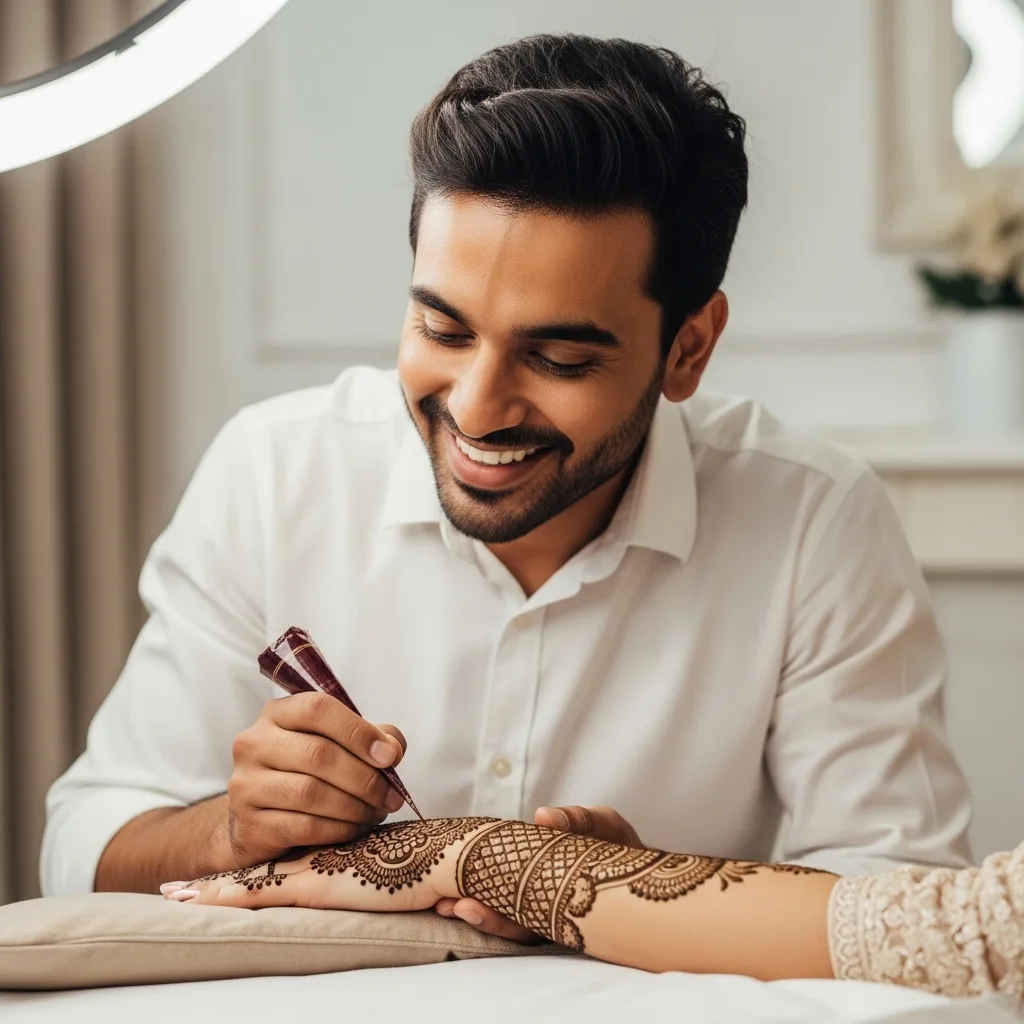 A smiling, professional male artist from Teetu Mehandi Art in Jagat Farm, Greater Noida, skillfully applying a beautiful and intricate henna (mehndi) design to a client's hand with a cone applicator.