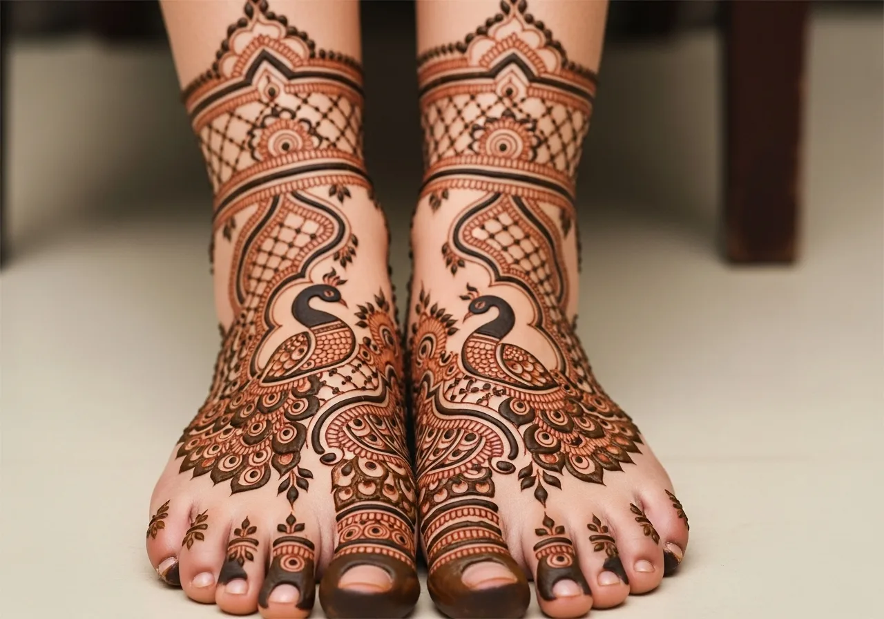Traditional Indian mehndi design on feet showing fine detailed natural henna art